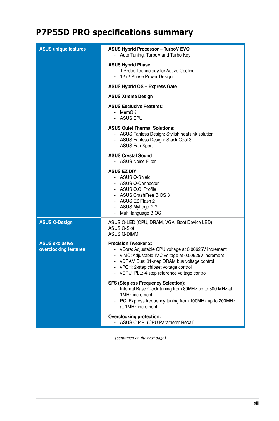 P7p55d pro specifications summary | Asus P7P55D PRO User Manual | Page 13 / 128