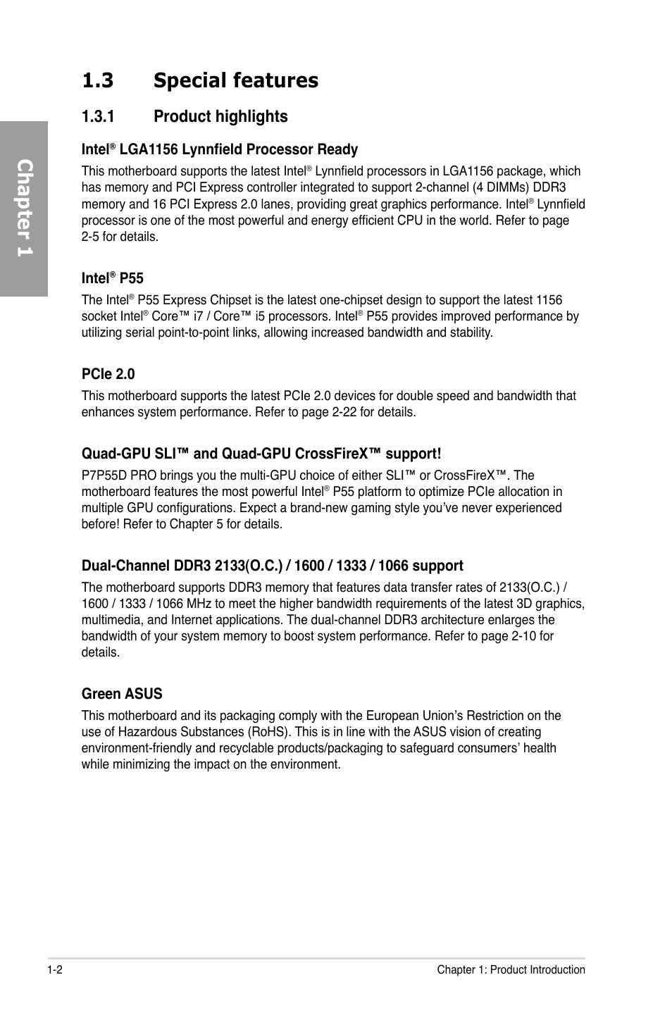 3 special features, 1 product highlights, Special features -2 1.3.1 | Product highlights -2, Chapter 1 1.3 special features | Asus P7P55D PRO User Manual | Page 16 / 128
