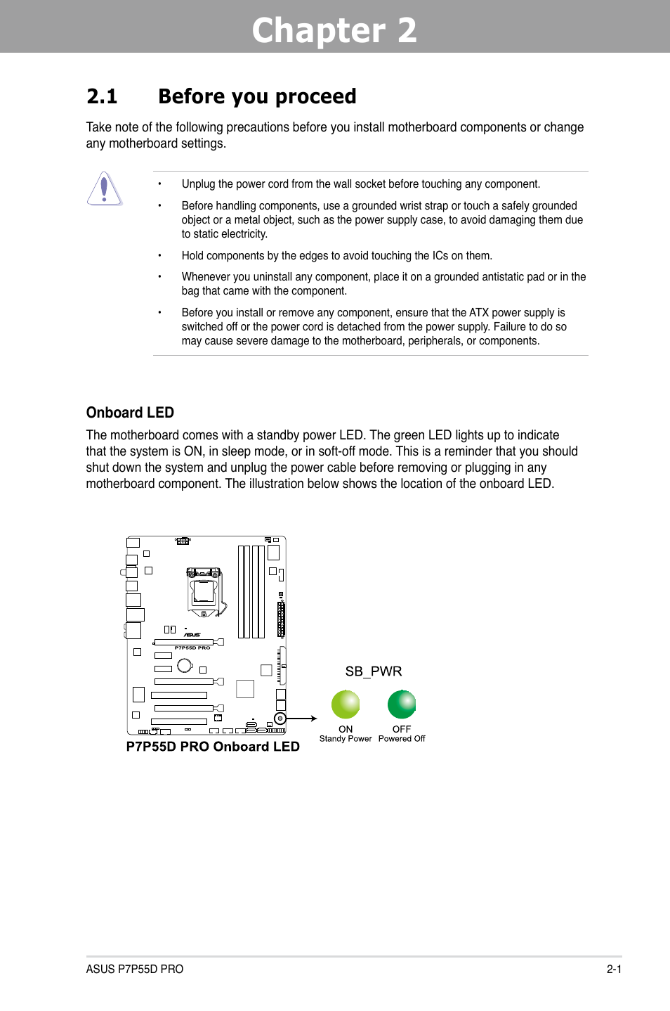 Chapter 2: hardware information, 1 before you proceed, Chapter 2 | Hardware information, Before you proceed -1, Chapter 2 2.1 before you proceed | Asus P7P55D PRO User Manual | Page 21 / 128