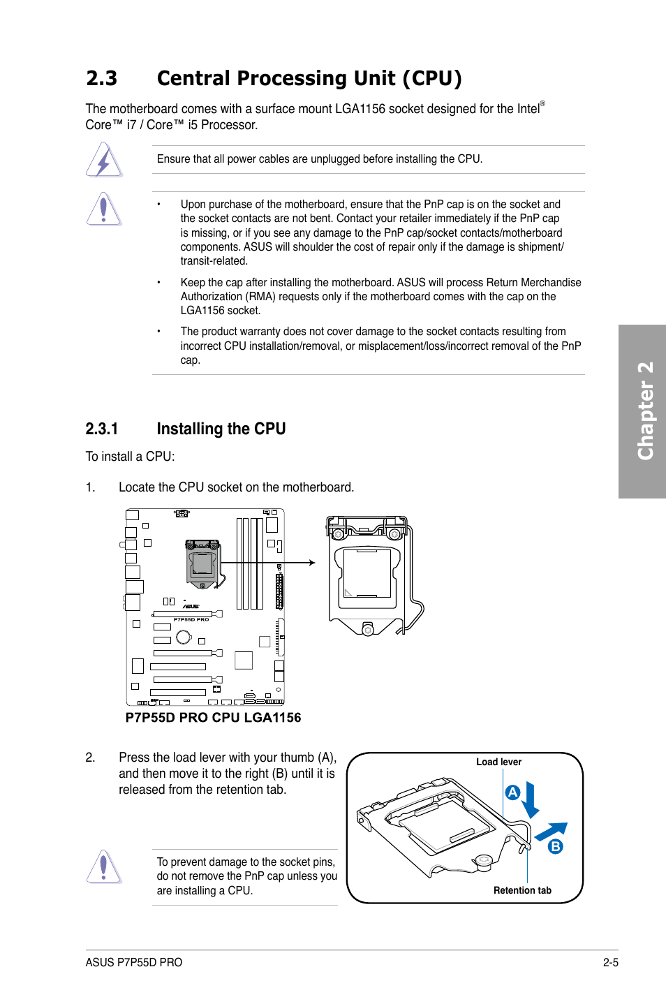 3 central processing unit (cpu), 1 installing the cpu, Central processing unit (cpu) -5 2.3.1 | Installing the cpu -5, Chapter 2 2.3 central processing unit (cpu) | Asus P7P55D PRO User Manual | Page 25 / 128