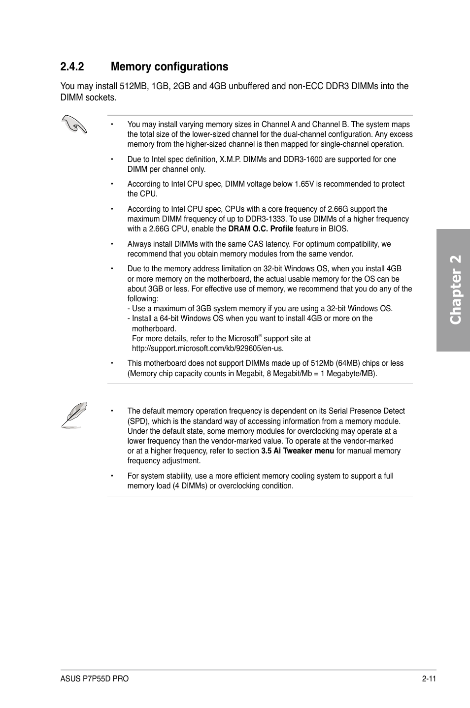 2 memory configurations, Memory configurations -11, Chapter 2 | Asus P7P55D PRO User Manual | Page 31 / 128