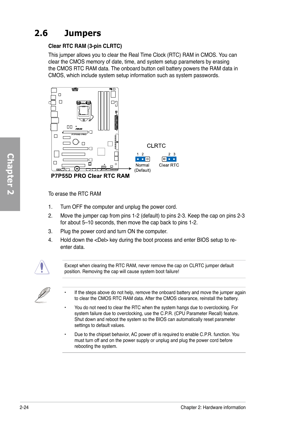 6 jumpers, Jumpers -24, Chapter 2 2.6 jumpers | Asus P7P55D PRO User Manual | Page 44 / 128