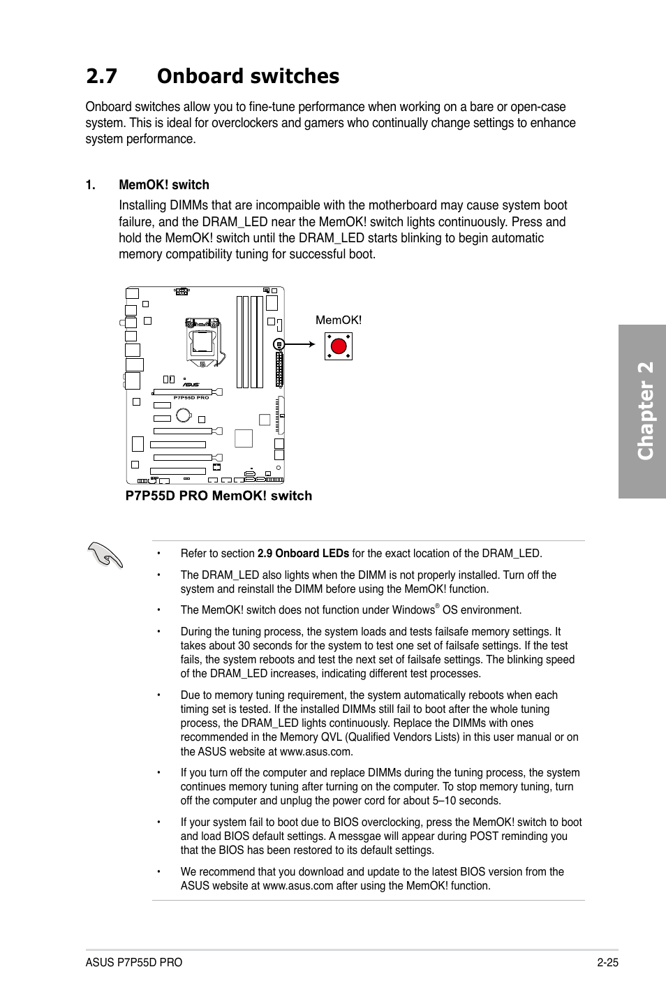 7 onboard switches, Onboard switches -25, Chapter 2 2.7 onboard switches | Asus P7P55D PRO User Manual | Page 45 / 128