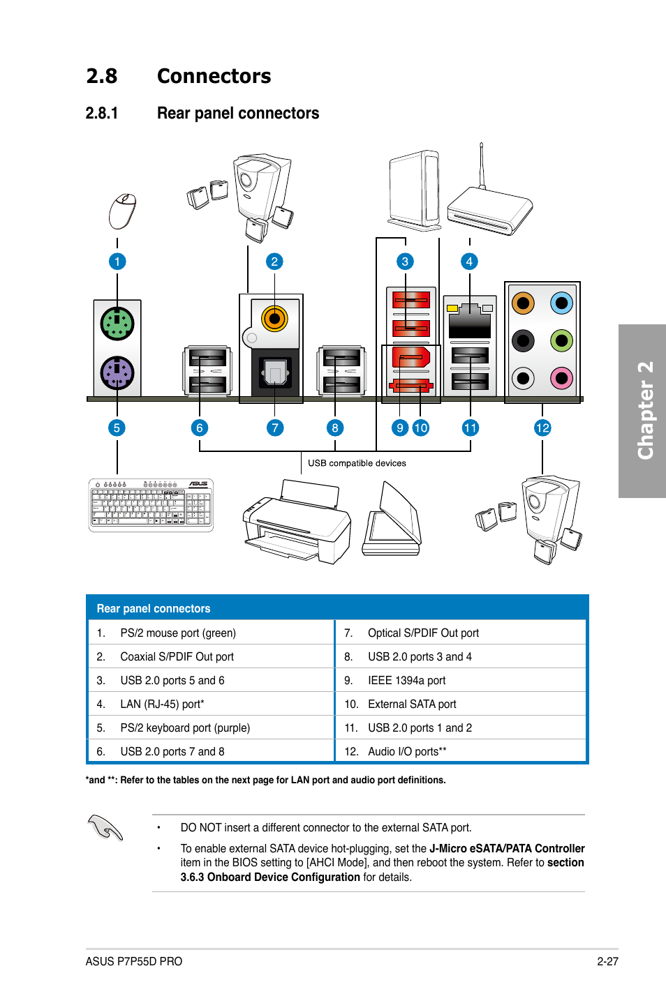 8 connectors, 1 rear panel connectors, Connectors -27 2.8.1 | Rear panel connectors -27, Chapter 2 2.8 connectors | Asus P7P55D PRO User Manual | Page 47 / 128