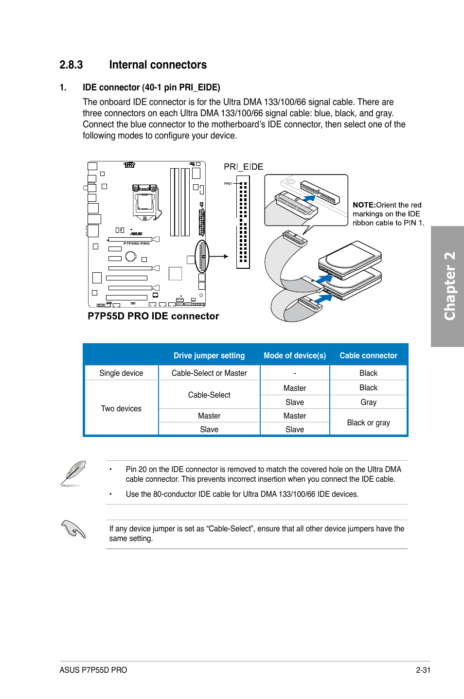 3 internal connectors, Internal connectors -31, Chapter 2 | Asus P7P55D PRO User Manual | Page 51 / 128