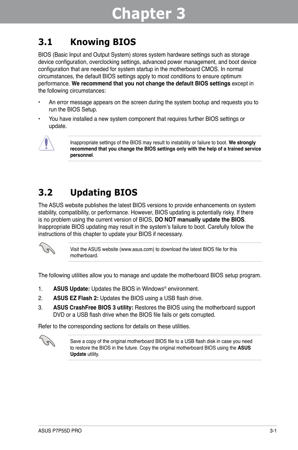 Chapter 3: bios setup, 1 knowing bios, 2 updating bios | Chapter 3, Bios setup, Knowing bios -1, Updating bios -1, Chapter 3 3.1 knowing bios | Asus P7P55D PRO User Manual | Page 63 / 128