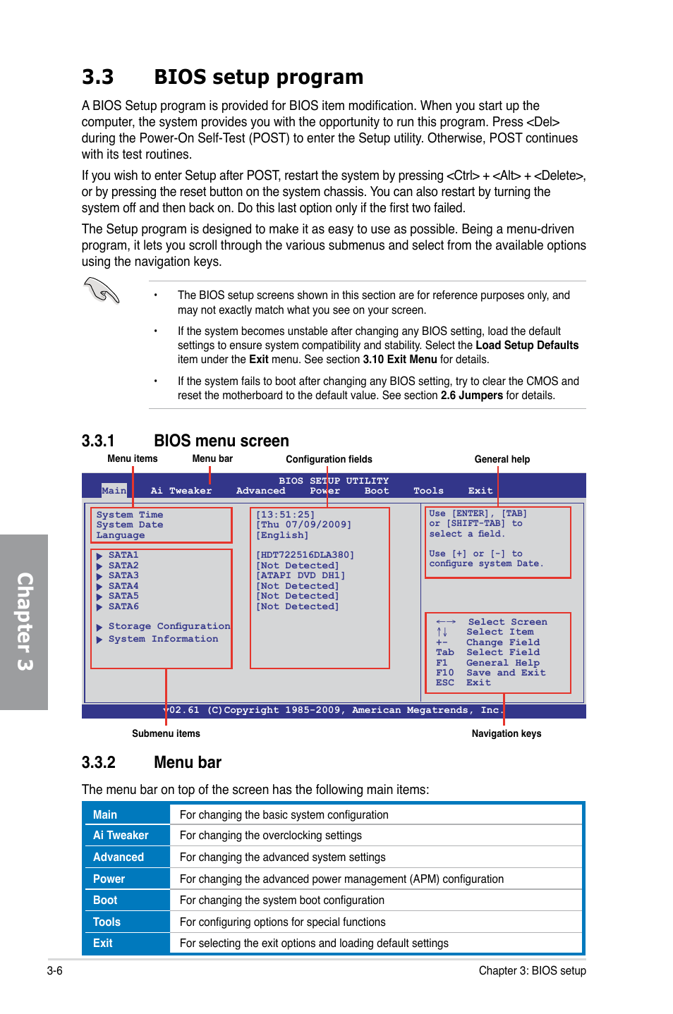 3 bios setup program, 1 bios menu screen, 2 menu bar | Bios setup program -6 3.3.1, Bios menu screen -6, Menu bar -6, Chapter 3 3.3 bios setup program, 1 bios menu screen 3.3.2 menu bar | Asus P7P55D PRO User Manual | Page 68 / 128