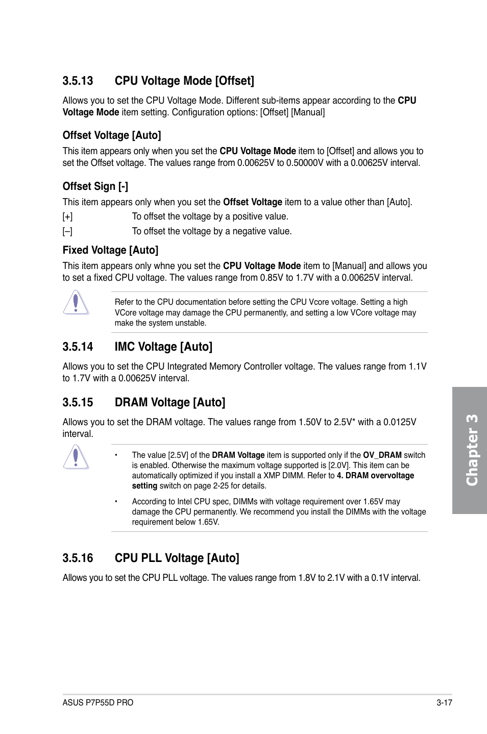 13 cpu voltage mode [offset, 14 imc voltage [auto, 15 dram voltage [auto | 16 cpu pll voltage [auto, Cpu voltage mode [offset] -17, Imc voltage [auto] -17, Dram voltage [auto] -17, Cpu pll voltage [auto] -17, Chapter 3 | Asus P7P55D PRO User Manual | Page 79 / 128