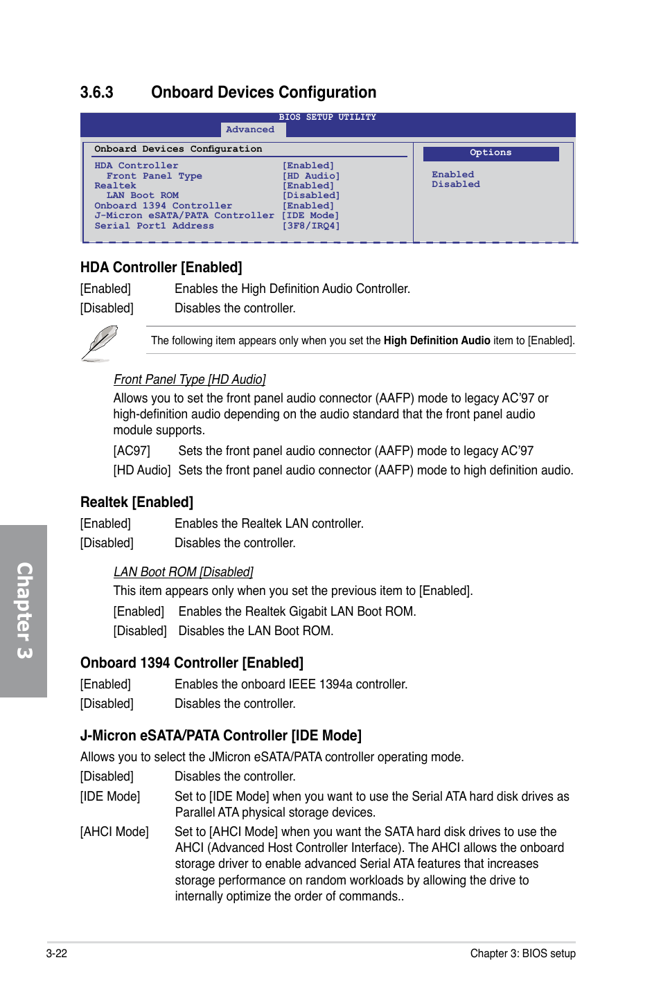 3 onboard devices configuration, Onboard devices configuration -22, Chapter 3 | Hda controller [enabled, Realtek [enabled, Onboard 1394 controller [enabled, J-micron esata/pata controller [ide mode | Asus P7P55D PRO User Manual | Page 84 / 128