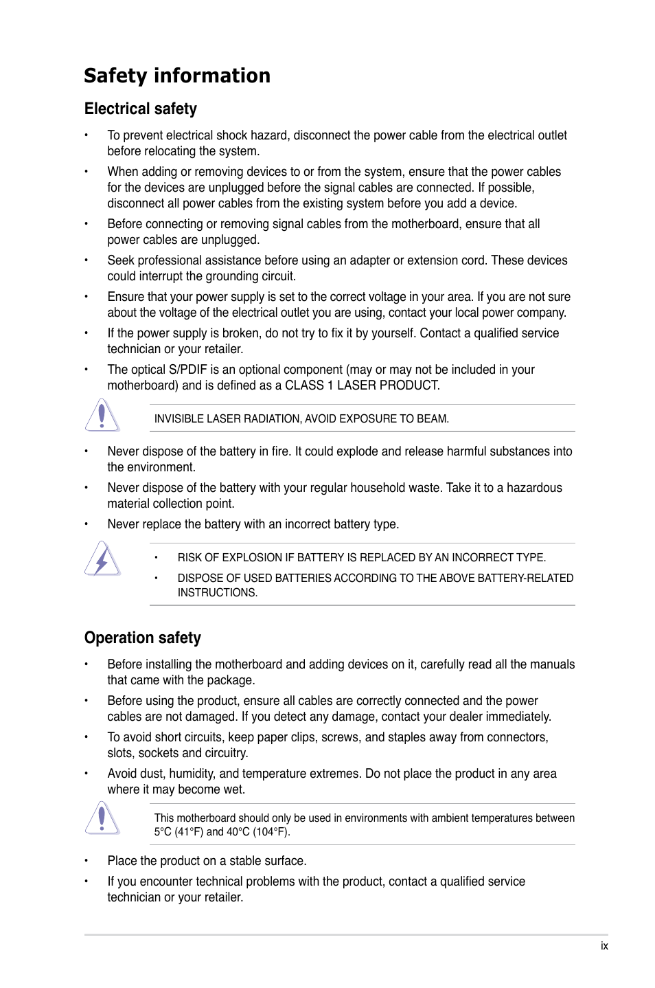 Safety information, Electrical safety, Operation safety | Asus P7P55D PRO User Manual | Page 9 / 128