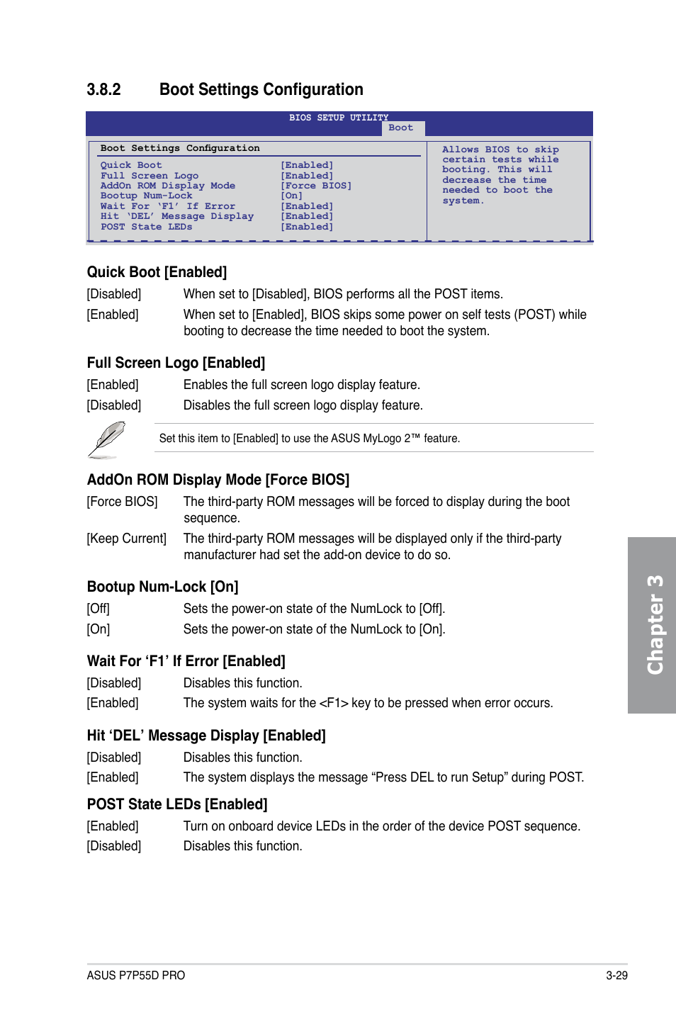 2 boot settings configuration, Boot settings configuration -29, Chapter 3 | Quick boot [enabled, Full screen logo [enabled, Addon rom display mode [force bios, Bootup num-lock [on, Wait for ‘f1’ if error [enabled, Hit ‘del’ message display [enabled, Post state leds [enabled | Asus P7P55D PRO User Manual | Page 91 / 128
