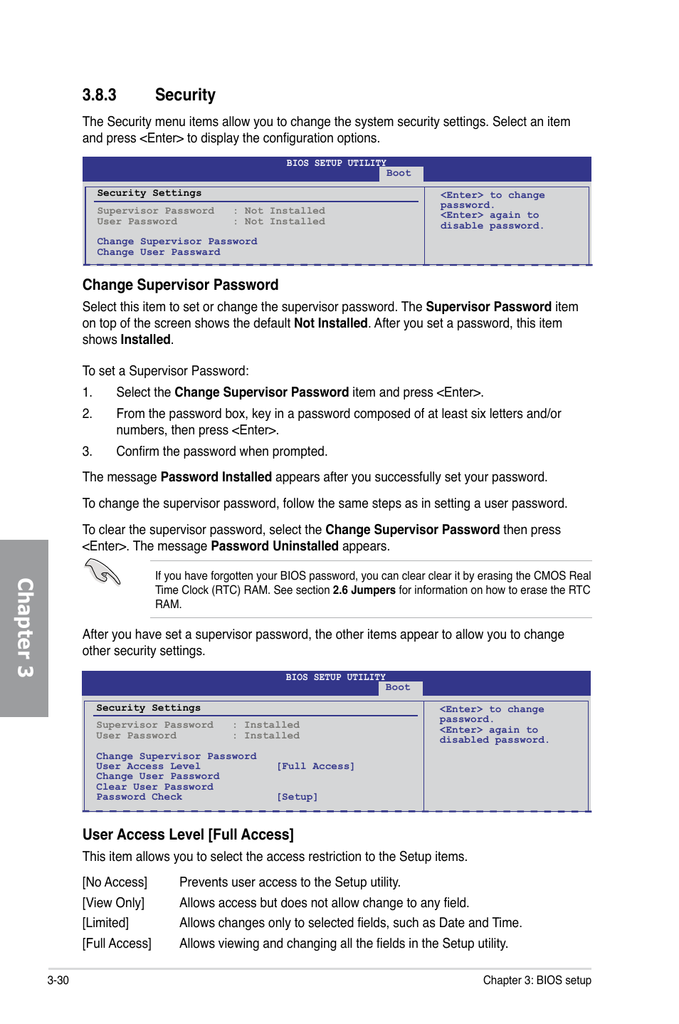 3 security, Security -30, Chapter 3 | Change supervisor password, User access level [full access | Asus P7P55D PRO User Manual | Page 92 / 128