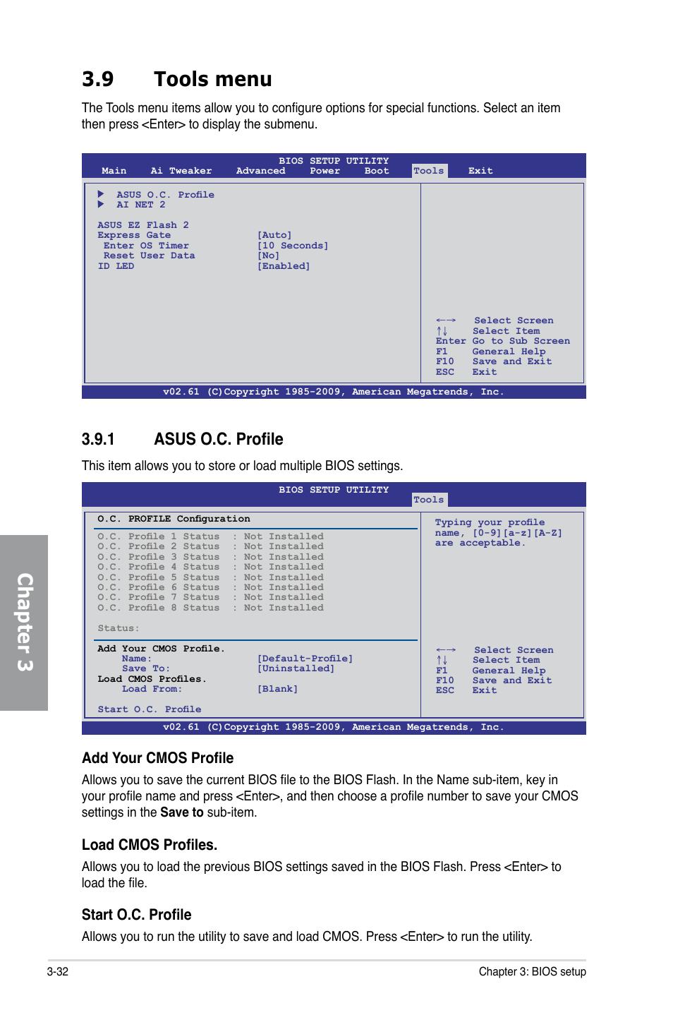 9 tools menu, 1 asus o.c. profile, Tools menu -32 3.9.1 | Asus o.c. profile -32, Chapter 3 3.9 tools menu, Add your cmos profile, Load cmos profiles, Start o.c. profile | Asus P7P55D PRO User Manual | Page 94 / 128