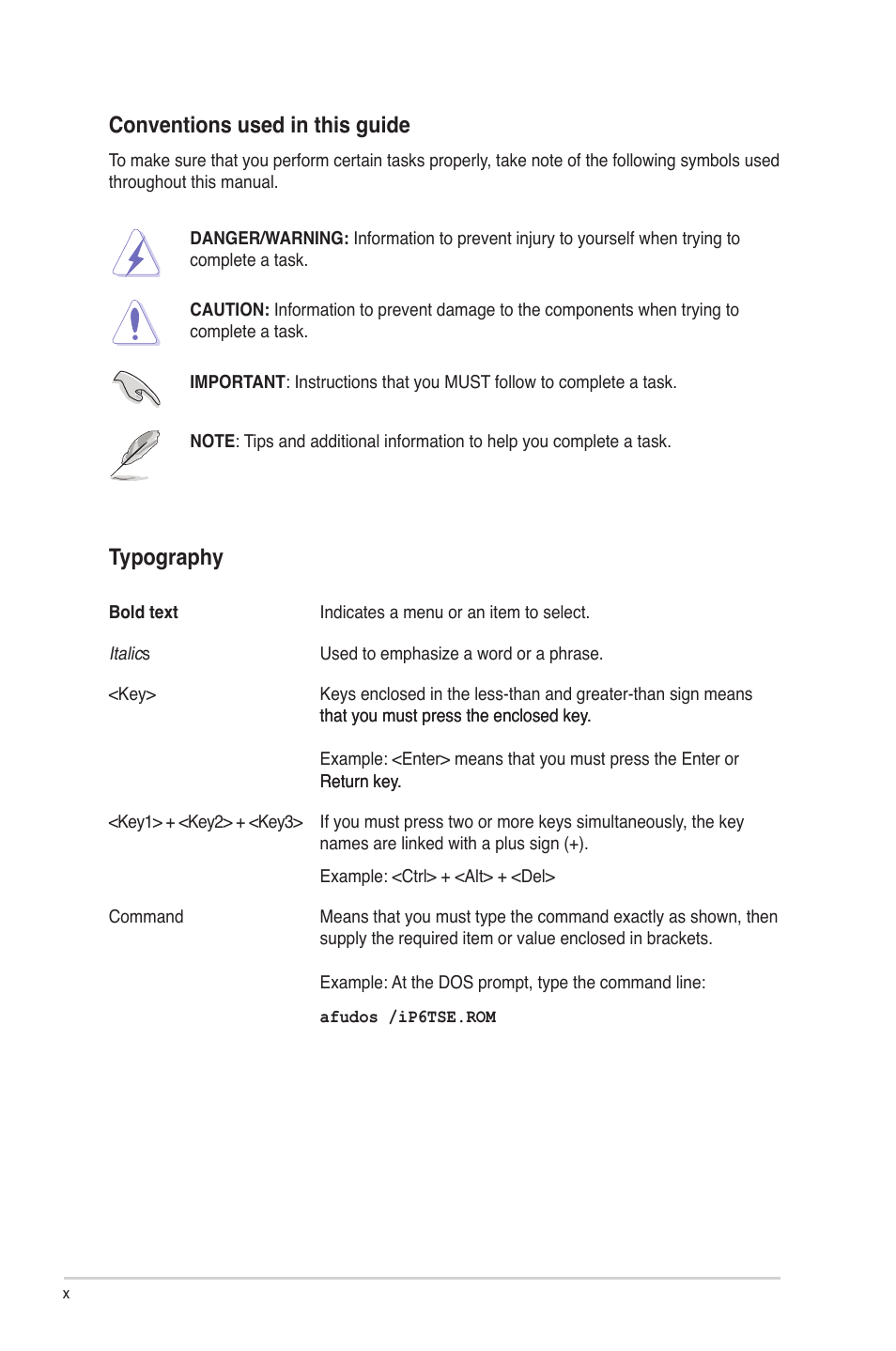 Conventions used in this guide, Typography | Asus P6T SE User Manual | Page 10 / 112