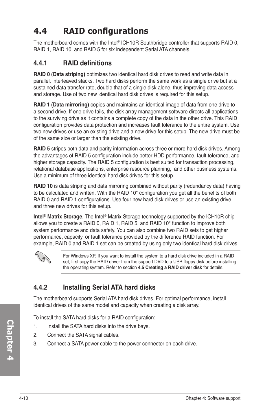 4 raid configurations, 1 raid definitions, 2 installing serial ata hard disks | Raid configurations -10 4.4.1, Raid definitions -10, Installing serial ata hard disks -10, Chapter 4 4.4 raid configurations | Asus P6T SE User Manual | Page 100 / 112