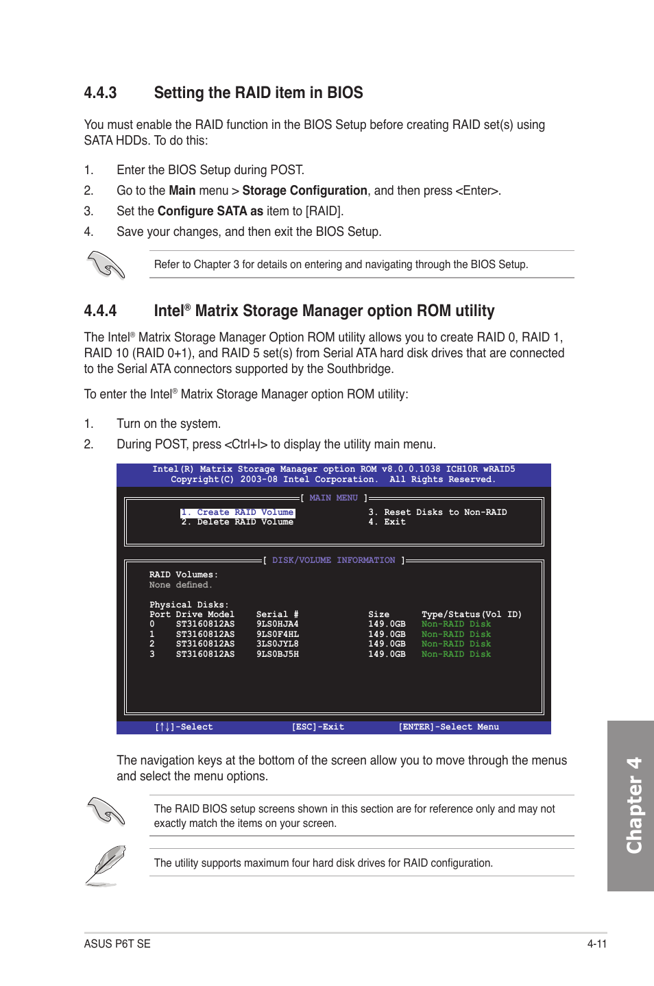 3 setting the raid item in bios, 4 intel® matrix storage manager option rom utility, Setting the raid item in bios -11 | Intel, Matrix storage manager option rom utility -11, Chapter 4, 4 intel, Matrix storage manager option rom utility | Asus P6T SE User Manual | Page 101 / 112