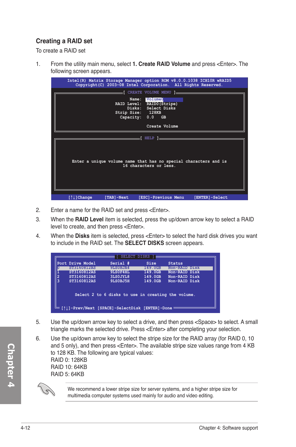 Chapter 4, Creating a raid set | Asus P6T SE User Manual | Page 102 / 112