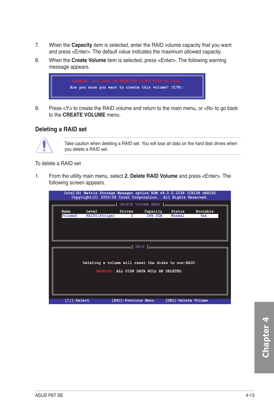 Chapter 4, Deleting a raid set | Asus P6T SE User Manual | Page 103 / 112