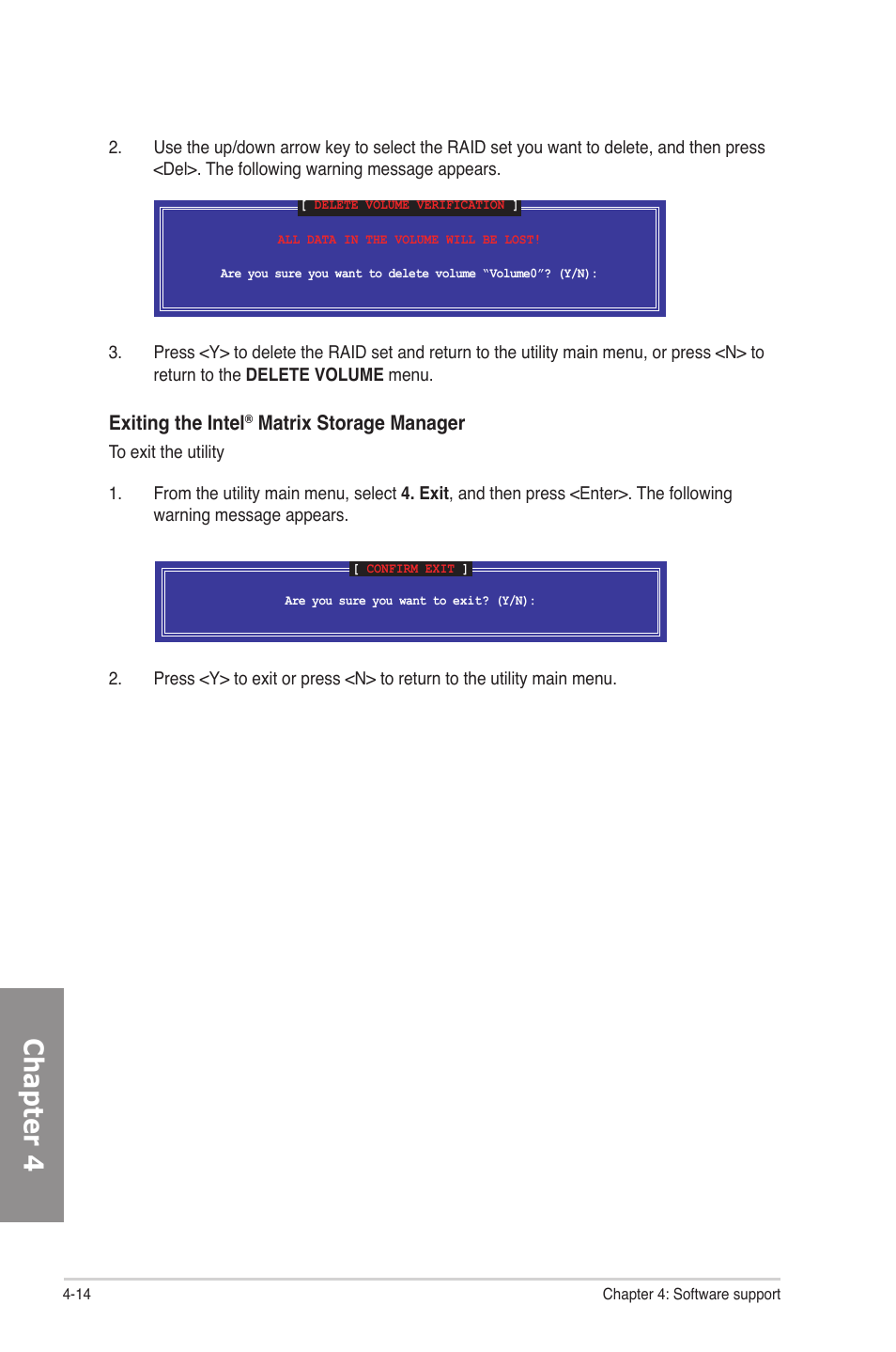 Chapter 4, Exiting the intel, Matrix storage manager | Asus P6T SE User Manual | Page 104 / 112