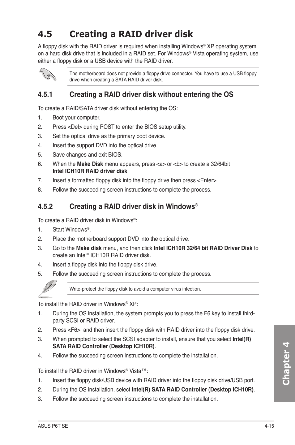 5 creating a raid driver disk, 2 creating a raid driver disk in windows, Creating a raid driver disk -15 4.5.1 | Creating a raid driver disk in windows, Chapter 4 4.5 creating a raid driver disk | Asus P6T SE User Manual | Page 105 / 112