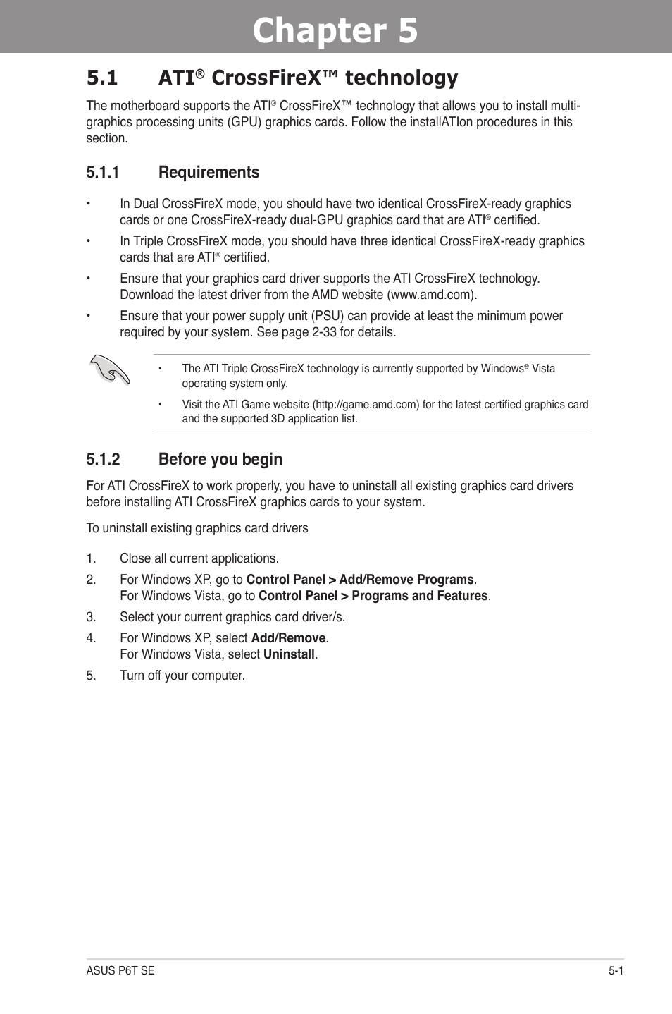 Chapter 5: ati® crossfirex™ technology support, 1 ati® crossfirex™ technology, 1 requirements | 2 before you begin, Chapter 5, Crossfirex™ technology support, Crossfirex™ technology -1, Requirements -1, Before you begin -1, 1 ati | Asus P6T SE User Manual | Page 107 / 112