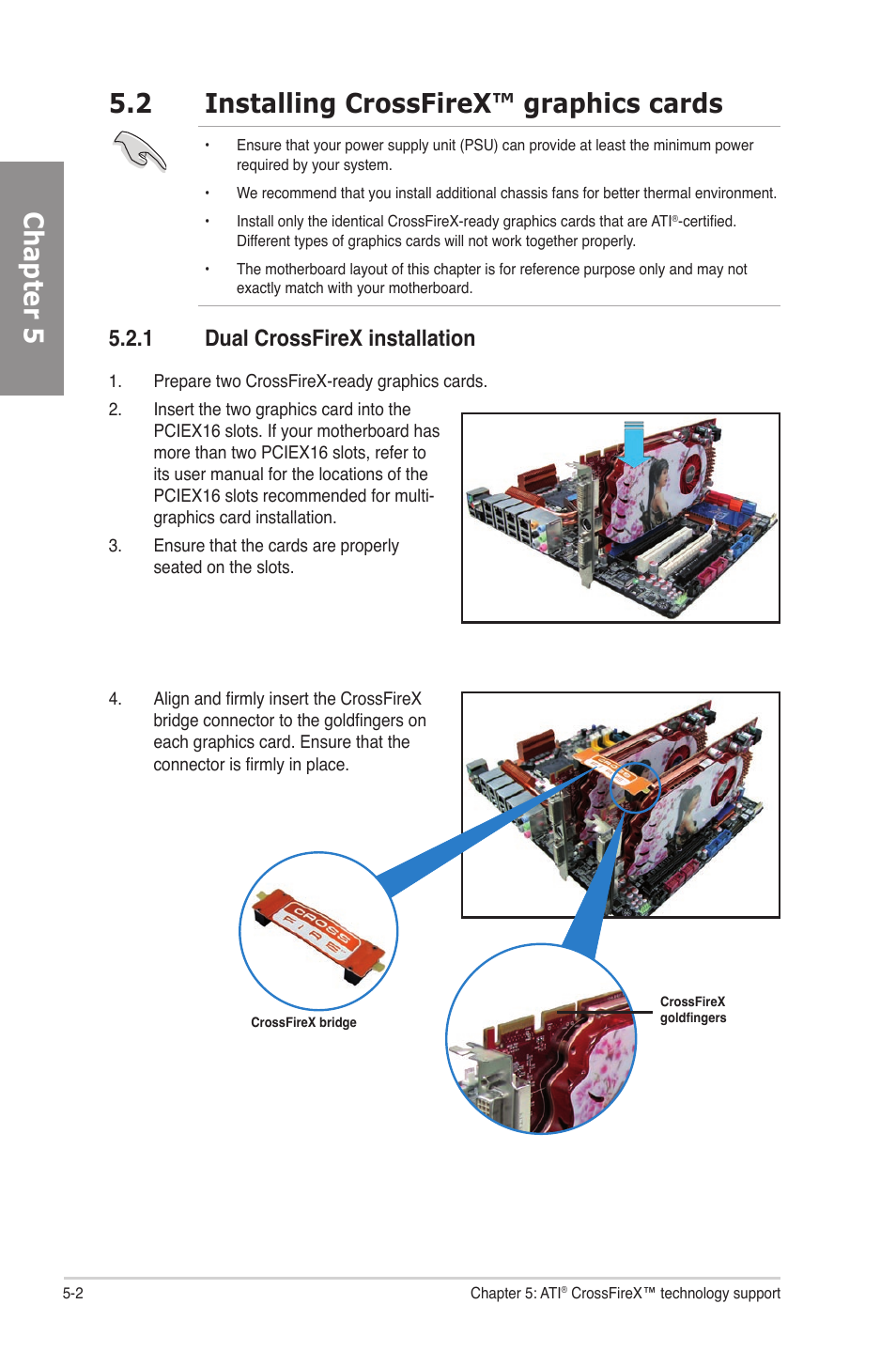 2 installing crossfirex™ graphics cards, 1 dual crossfirex installation, Installing crossfirex™ graphics cards -2 5.2.1 | Dual crossfirex installation -2, Chapter 5 | Asus P6T SE User Manual | Page 108 / 112