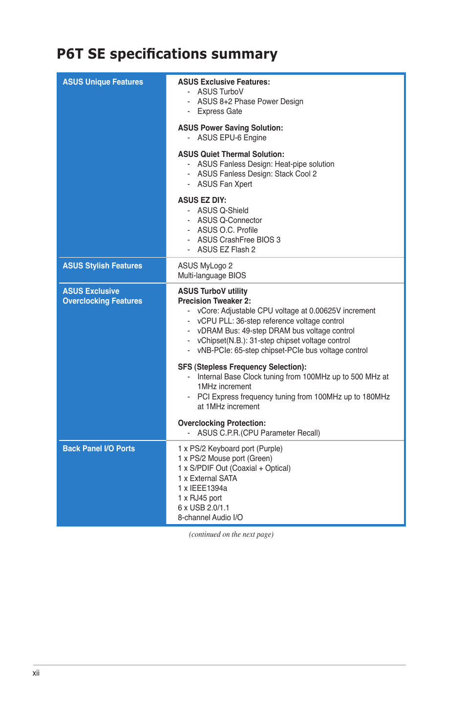 P6t se specifications summary | Asus P6T SE User Manual | Page 12 / 112