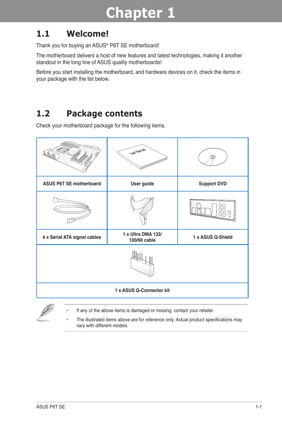 Chapter 1: product introduction, 1 welcome, 2 package contents | Chapter 1, Product introduction, Welcome! -1, Package contents -1, Chapter 1 1.1 welcome | Asus P6T SE User Manual | Page 15 / 112