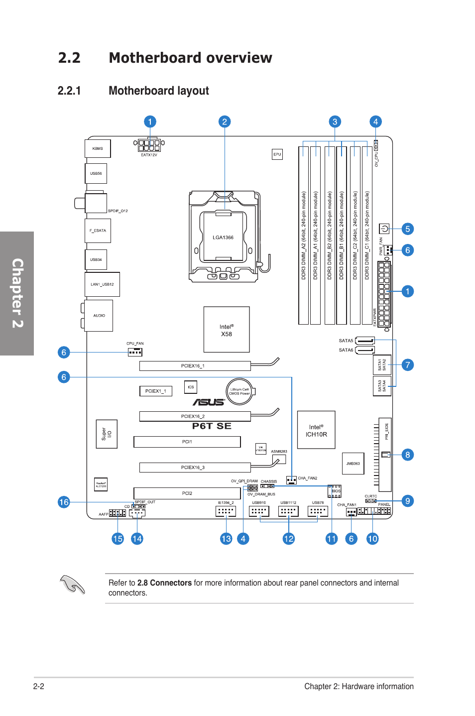 2 motherboard overview, 1 motherboard layout, Motherboard overview -2 2.2.1 | Motherboard layout -2, Chapter 2 | Asus P6T SE User Manual | Page 22 / 112