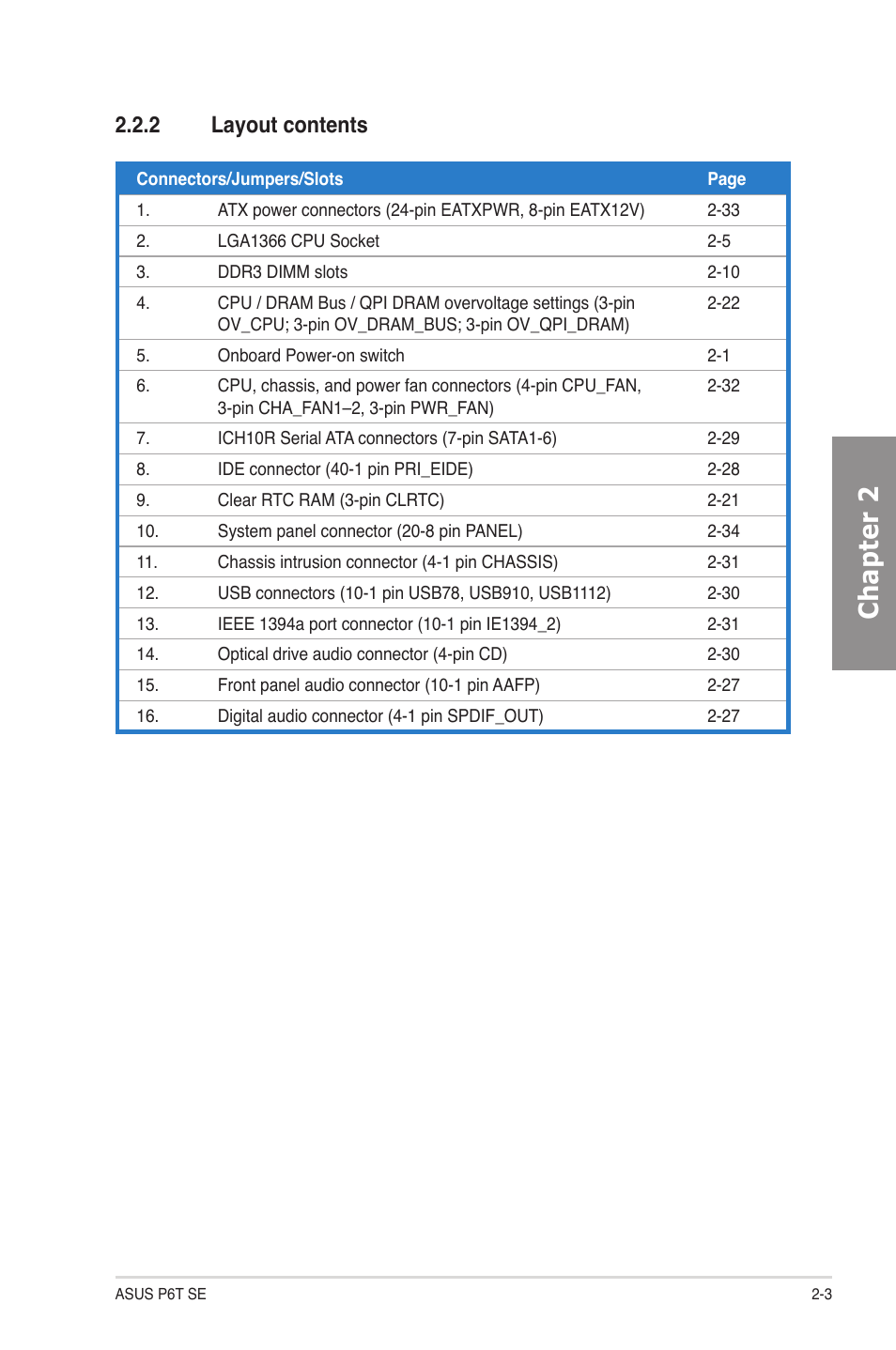 2 layout contents, Layout contents -3, Chapter 2 | Asus P6T SE User Manual | Page 23 / 112