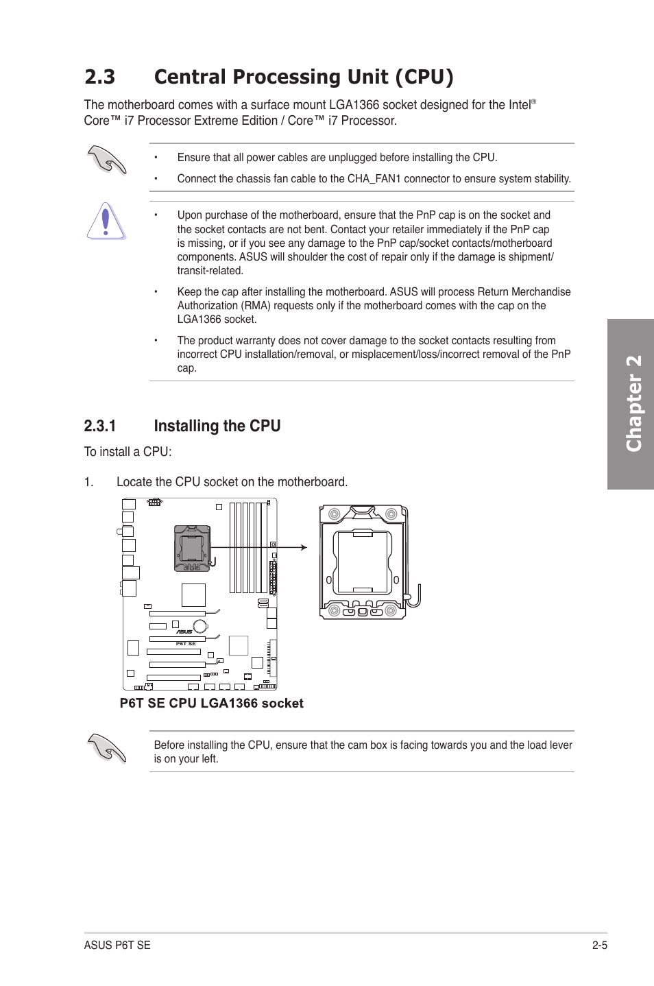 3 central processing unit (cpu), 1 installing the cpu, Central processing unit (cpu) -5 2.3.1 | Installing the cpu -5, Chapter 2 2.3 central processing unit (cpu) | Asus P6T SE User Manual | Page 25 / 112