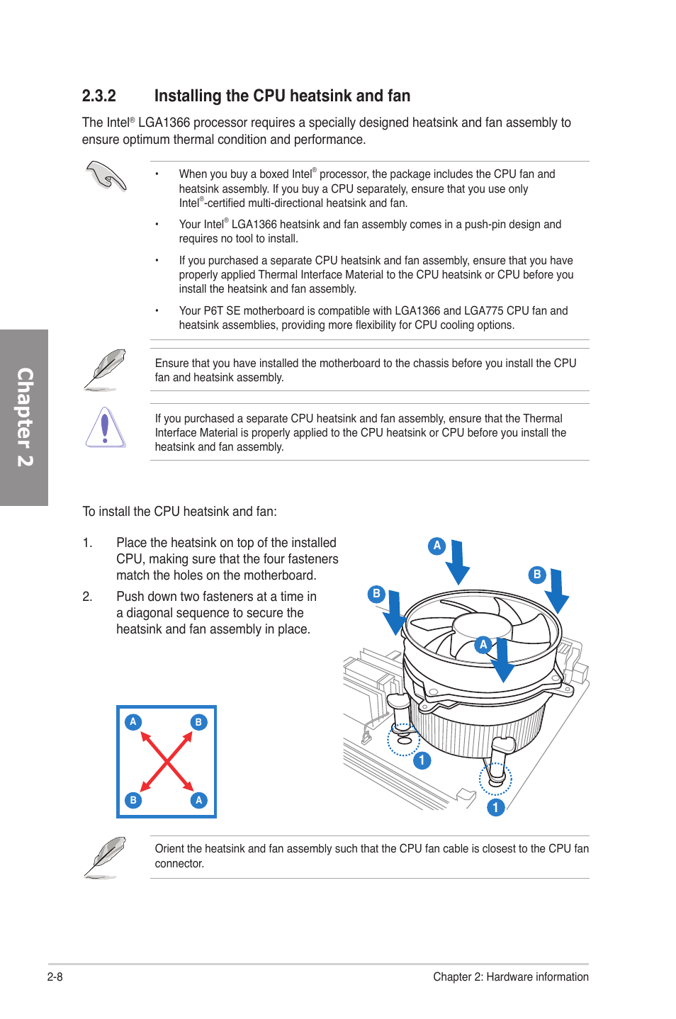 2 installing the cpu heatsink and fan, Installing the cpu heatsink and fan -8, Chapter 2 | Asus P6T SE User Manual | Page 28 / 112