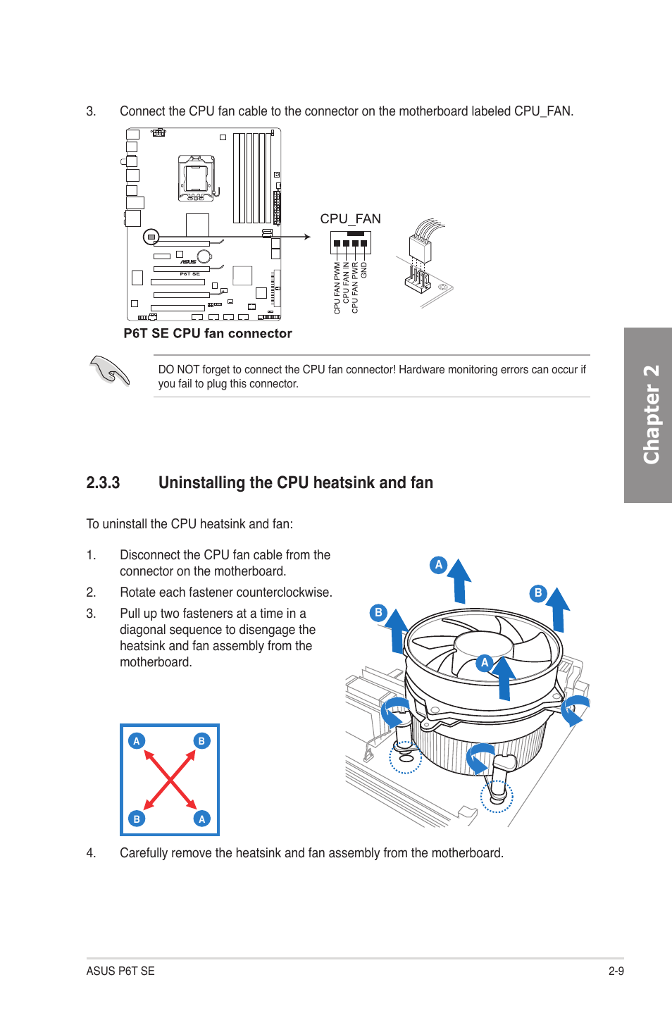 3 uninstalling the cpu heatsink and fan, Uninstalling the cpu heatsink and fan -9, Chapter 2 | Asus P6T SE User Manual | Page 29 / 112