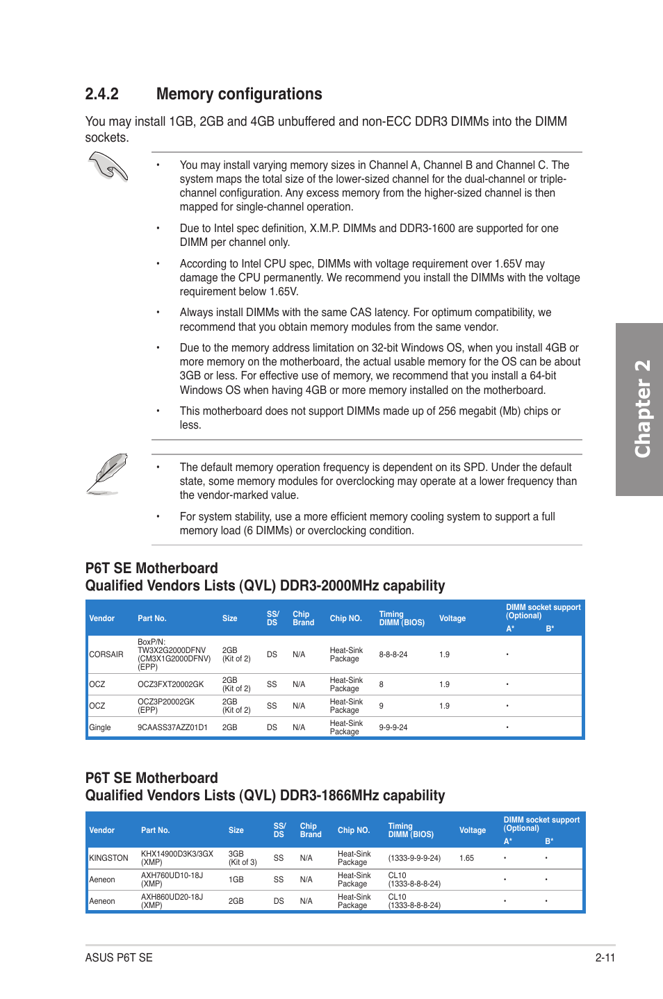 2 memory configurations, Memory configurations -11, Chapter 2 | Asus P6T SE User Manual | Page 31 / 112