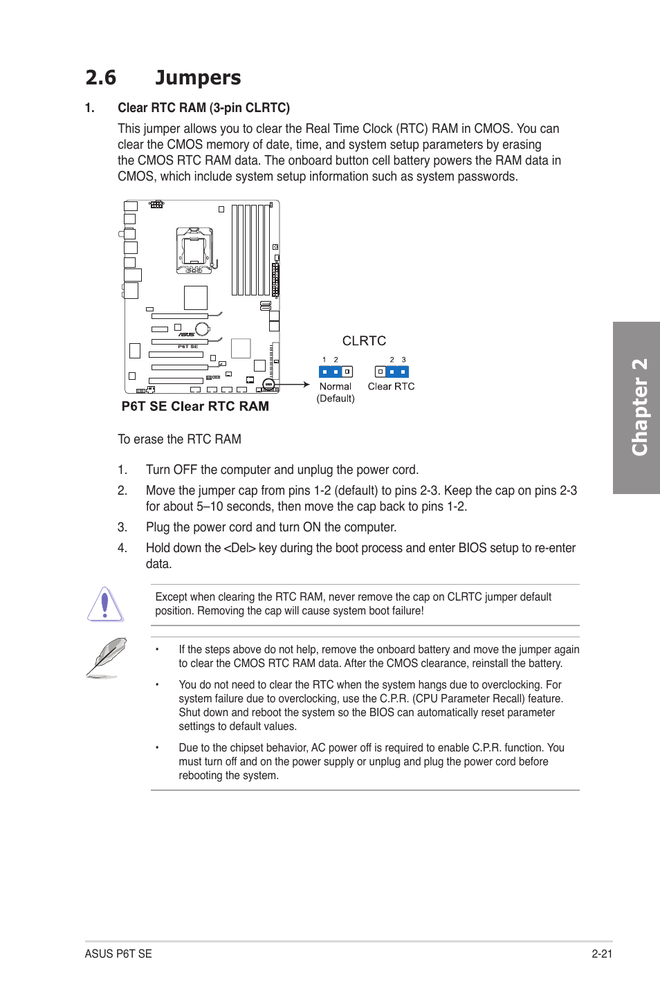 6 jumpers, Jumpers -21, Chapter 2 2.6 jumpers | Asus P6T SE User Manual | Page 41 / 112