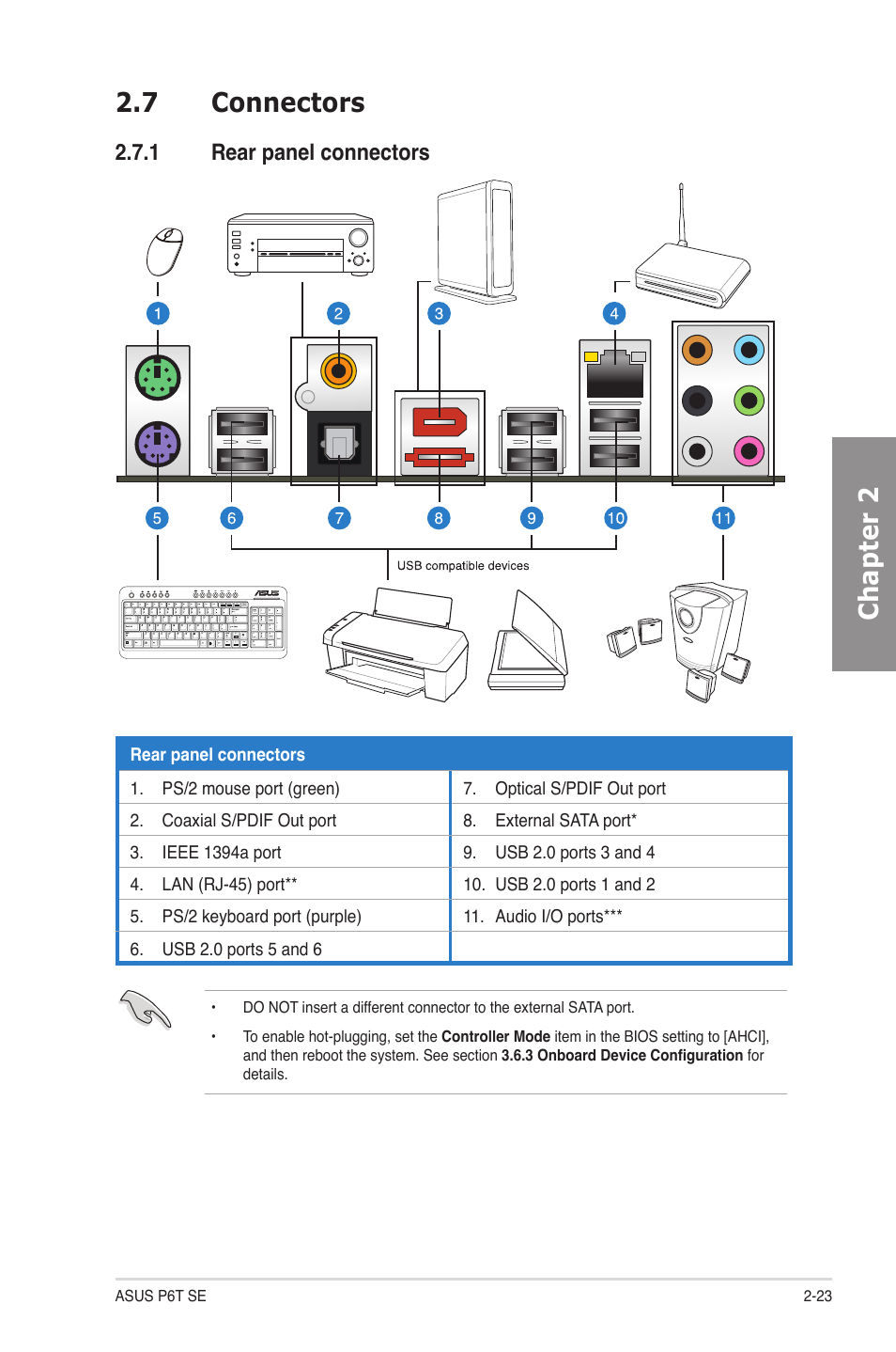 7 connectors, 1 rear panel connectors, Connectors -23 2.7.1 | Rear panel connectors -23, Chapter 2 2.7 connectors | Asus P6T SE User Manual | Page 43 / 112