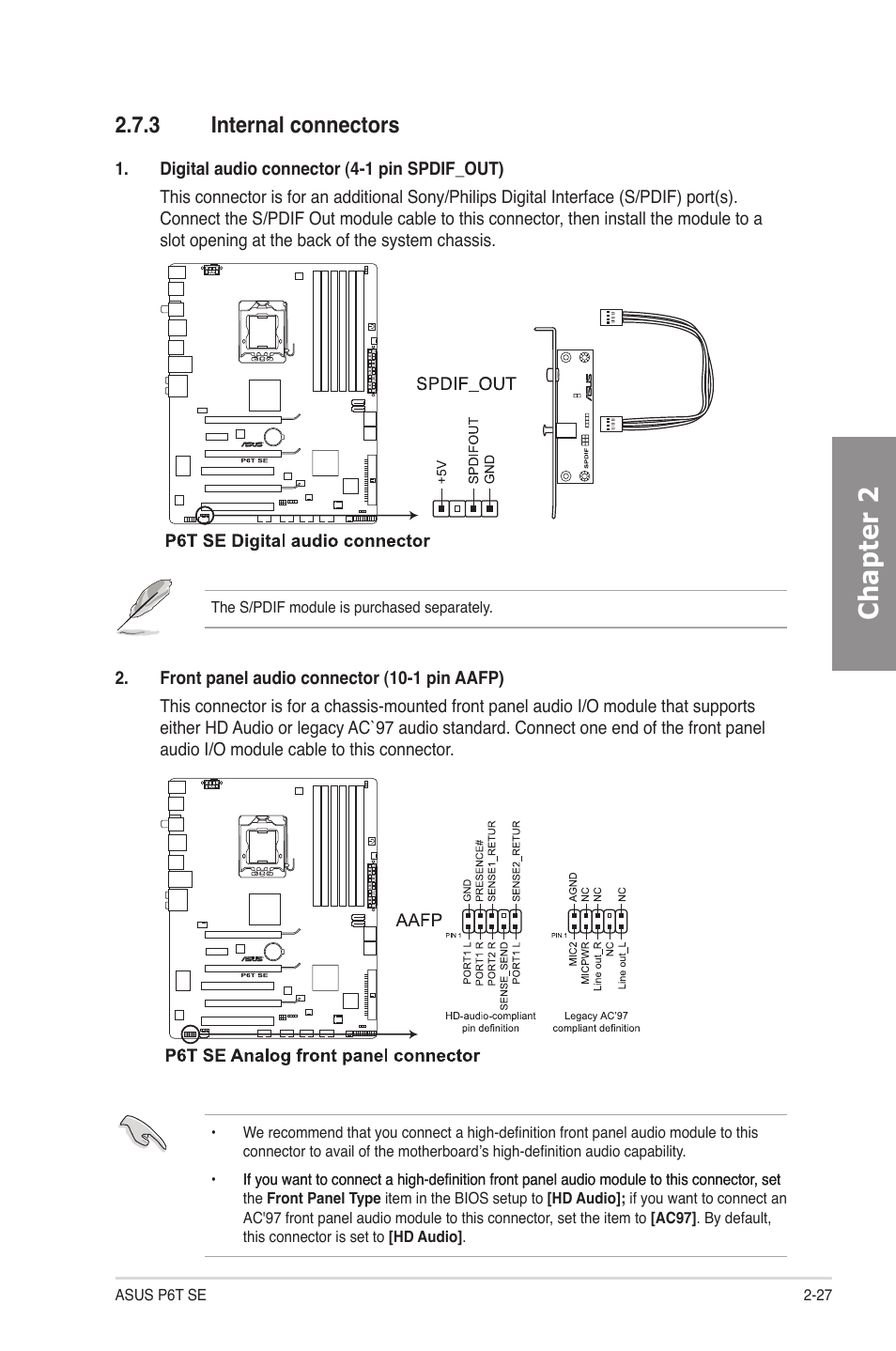 3 internal connectors, Internal connectors -27, Chapter 2 | Asus P6T SE User Manual | Page 47 / 112