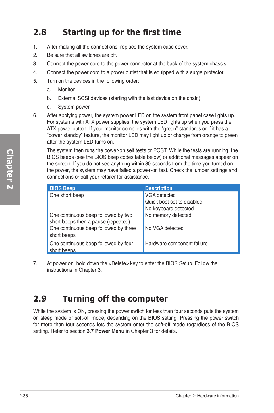 8 starting up for the first time, 9 turning off the computer, Starting up for the first time -36 | Turning off the computer -36, Chapter 2 2.8 starting up for the first time | Asus P6T SE User Manual | Page 56 / 112