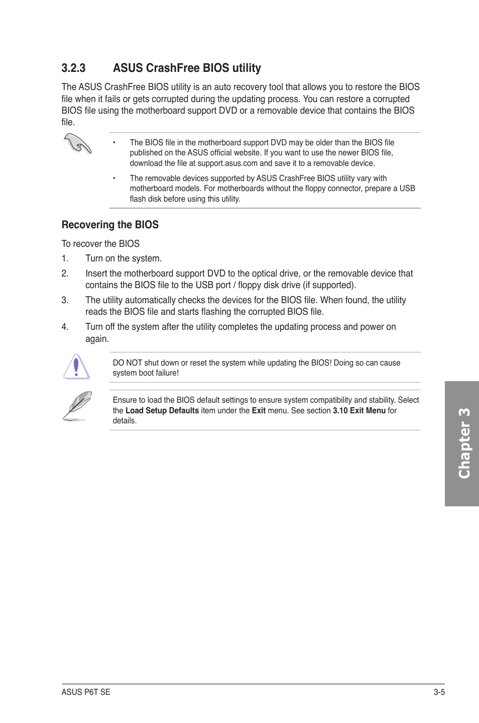 3 asus crashfree bios 3 utility, Asus crashfree bios 3 utility -5, Chapter 3 | 3 asus crashfree bios utility | Asus P6T SE User Manual | Page 61 / 112