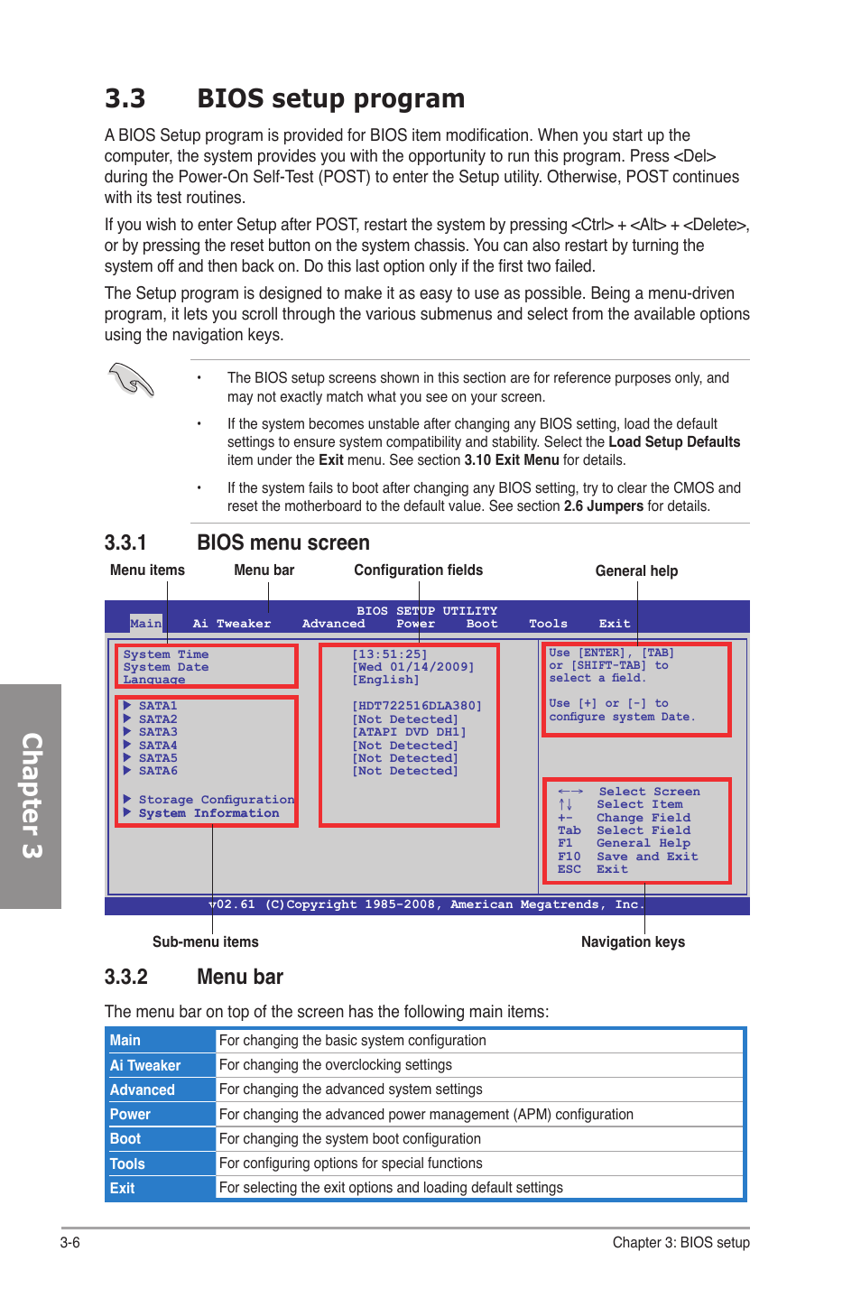 3 bios setup program, 1 bios menu screen, 2 menu bar | Bios setup program -6 3.3.1, Bios menu screen -6, Menu bar -6, Chapter 3 3.3 bios setup program, 1 bios menu screen 3.3.2 menu bar | Asus P6T SE User Manual | Page 62 / 112