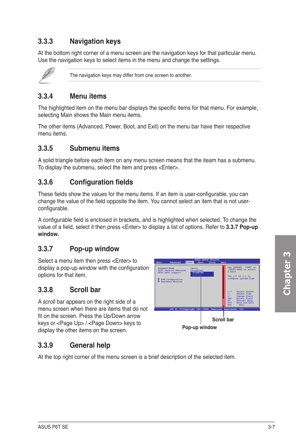 3 navigation keys, 4 menu items, 5 submenu items | 6 configuration fields, 7 pop-up window, 8 scroll bar, 9 general help, Navigation keys -7, Menu items -7, Submenu items -7 | Asus P6T SE User Manual | Page 63 / 112