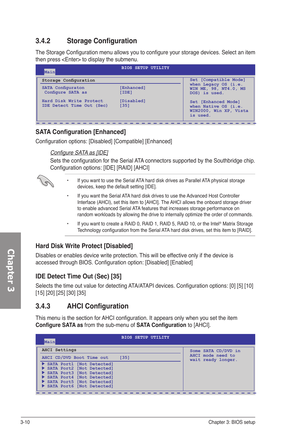 2 storage configuration, 3 ahci configuration, Storage configuration -10 | Ahci configuration -10, Chapter 3, Sata configuration [enhanced, Hard disk write protect [disabled, Ide detect time out (sec) [35 | Asus P6T SE User Manual | Page 66 / 112