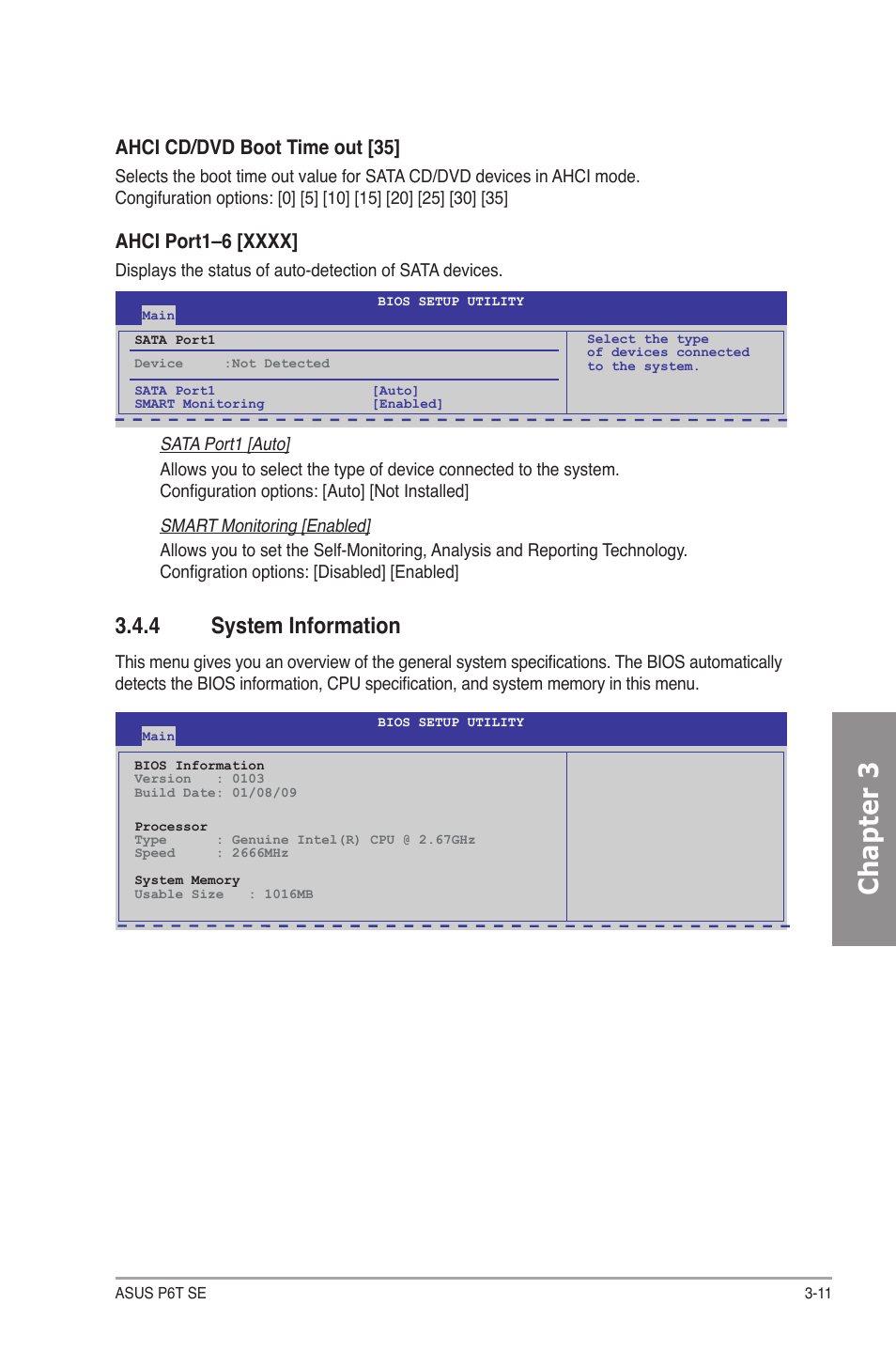 4 system information, System information -11, Chapter 3 | Ahci cd/dvd boot time out [35 | Asus P6T SE User Manual | Page 67 / 112