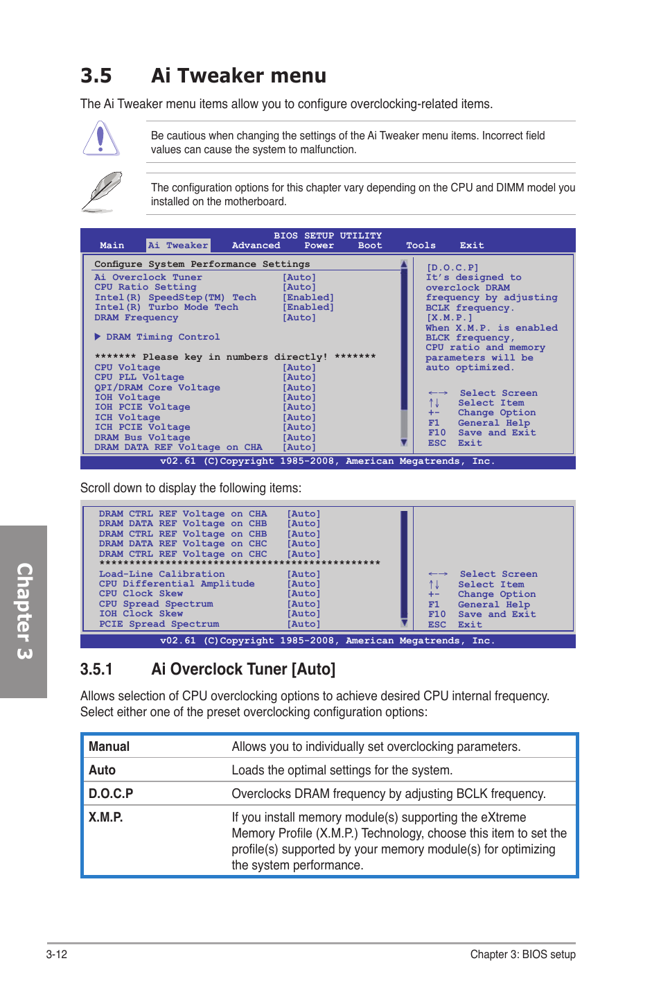 5 ai tweaker menu, 1 ai overclock tuner [auto, Ai tweaker menu -12 3.5.1 | Ai overclock tuner -12, Chapter 3 3.5 ai tweaker menu, Scroll down to display the following items | Asus P6T SE User Manual | Page 68 / 112