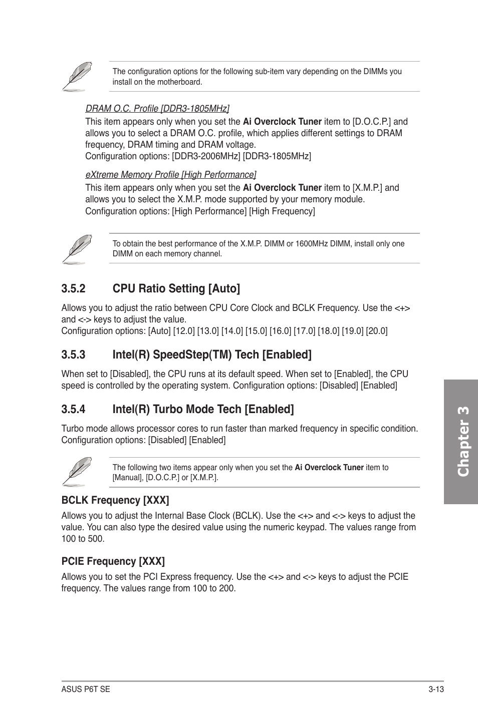 2 cpu ratio setting [auto, 3 intel(r) speedstep(tm) tech [enabled, 4 intel(r) turbo mode tech [enabled | Cpu ratio setting -13, Intel(r) speedstep(tm) tech -13, Intel(r) turbo mode tech -13, Chapter 3 | Asus P6T SE User Manual | Page 69 / 112