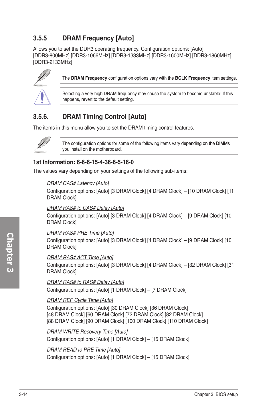 5 dram frequency [auto, Dram timing control [auto, Dram frequency -14 | Dram timing control -14, Chapter 3 | Asus P6T SE User Manual | Page 70 / 112