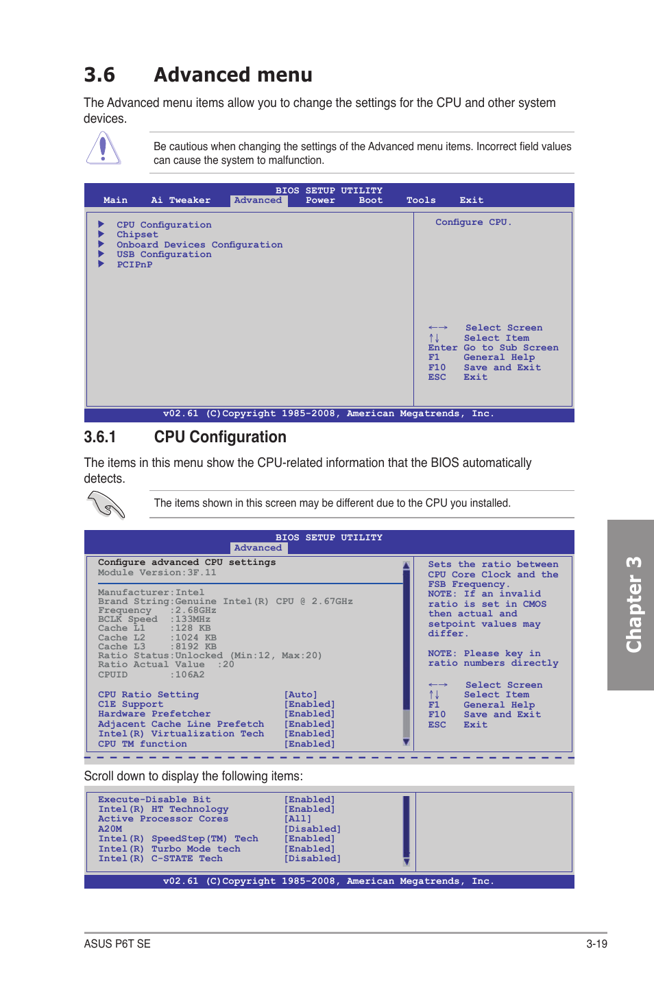 6 advanced menu, 1 cpu configuration, Advanced menu -19 3.6.1 | Cpu configuration -19, Chapter 3, Scroll down to display the following items | Asus P6T SE User Manual | Page 75 / 112