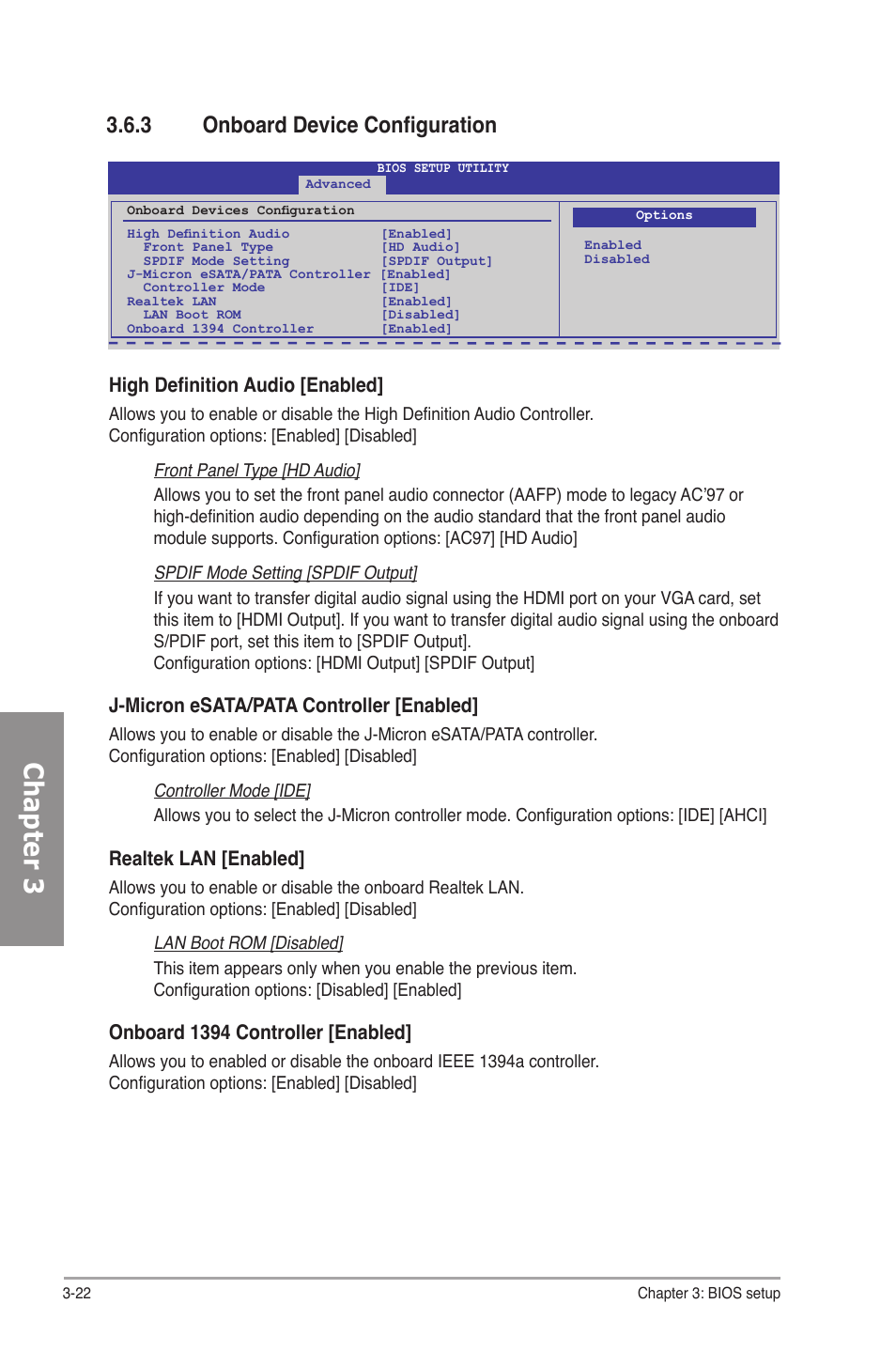 3 onboard device configuration, Onboard device configuration -22, Chapter 3 | High definition audio [enabled, J-micron esata/pata controller [enabled, Realtek lan [enabled, Onboard 1394 controller [enabled | Asus P6T SE User Manual | Page 78 / 112