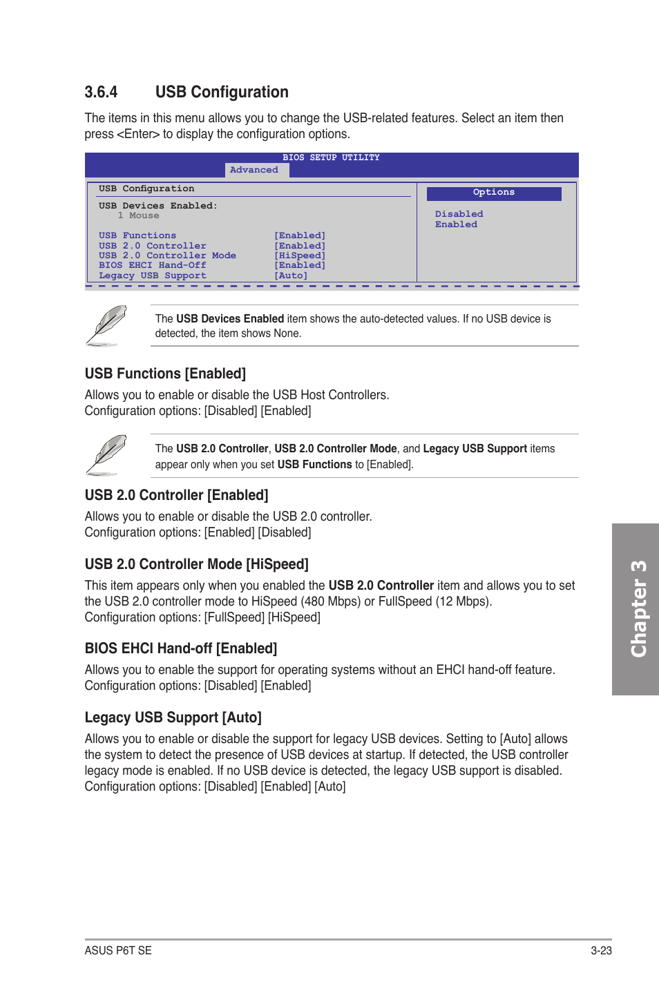 4 usb configuration, Usb configuration -23, Chapter 3 | Usb functions [enabled, Usb 2.0 controller [enabled, Usb 2.0 controller mode [hispeed, Bios ehci hand-off [enabled, Legacy usb support [auto | Asus P6T SE User Manual | Page 79 / 112