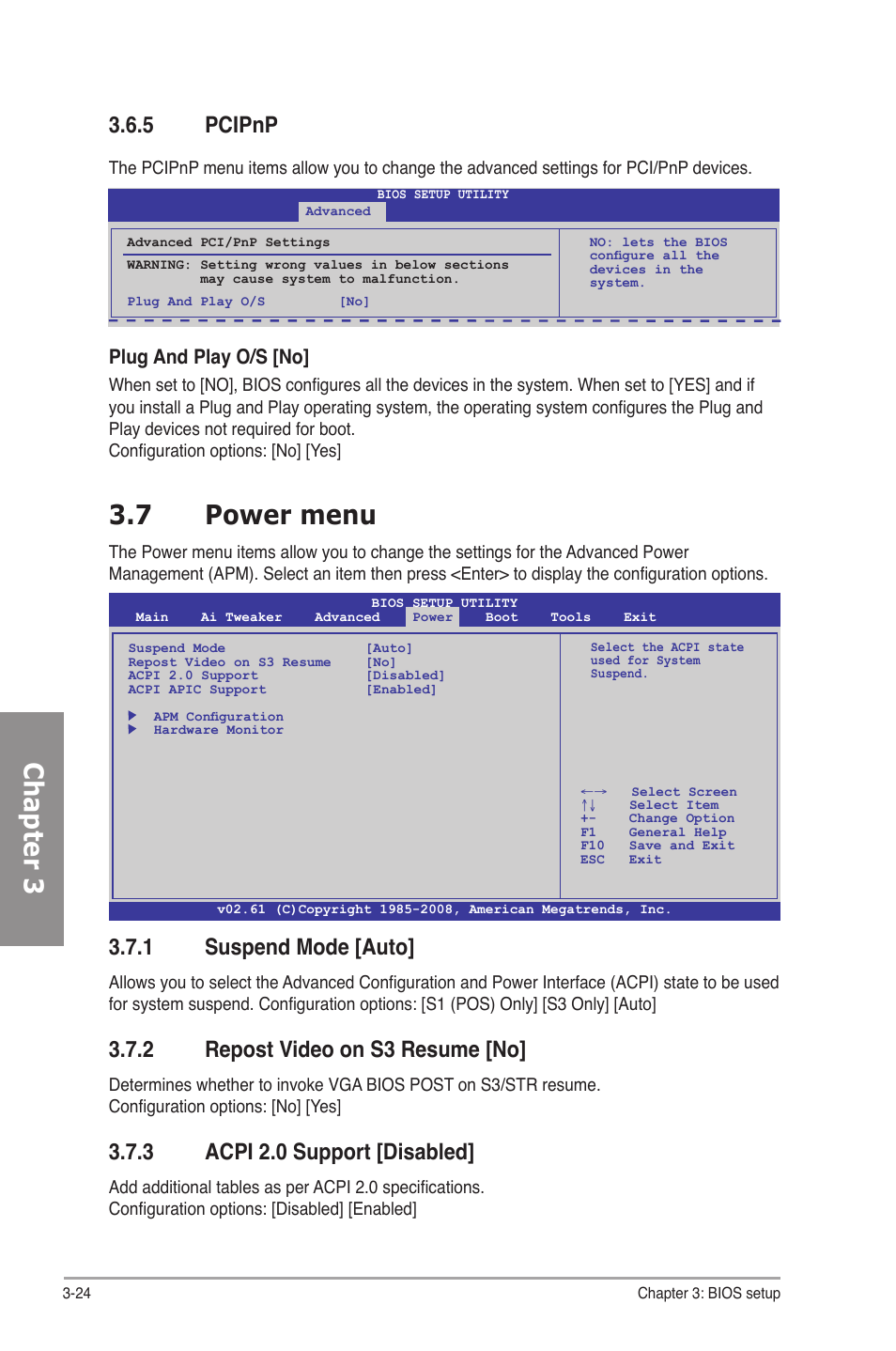 5 pcipnp, 7 power menu, 1 suspend mode [auto | 2 repost video on s3 resume [no, 3 acpi 2.0 support [disabled, Pcipnp -24, Power menu -24 3.7.1, Suspend mode -24, Repost video on s3 resume -24, Acpi 2.0 support -24 | Asus P6T SE User Manual | Page 80 / 112